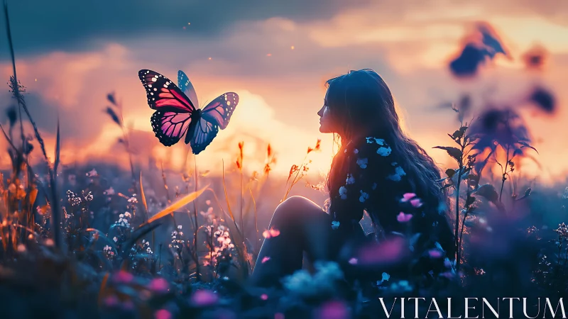 Dusk meadow reverie with girl and glowing monarch butterfly.