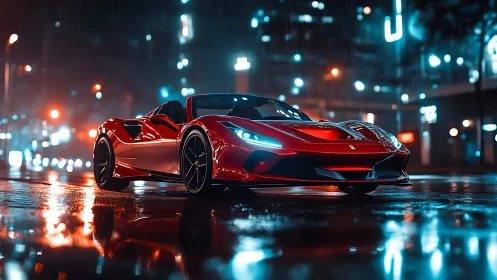 Red supercar glows on rainy neon city streets at night.