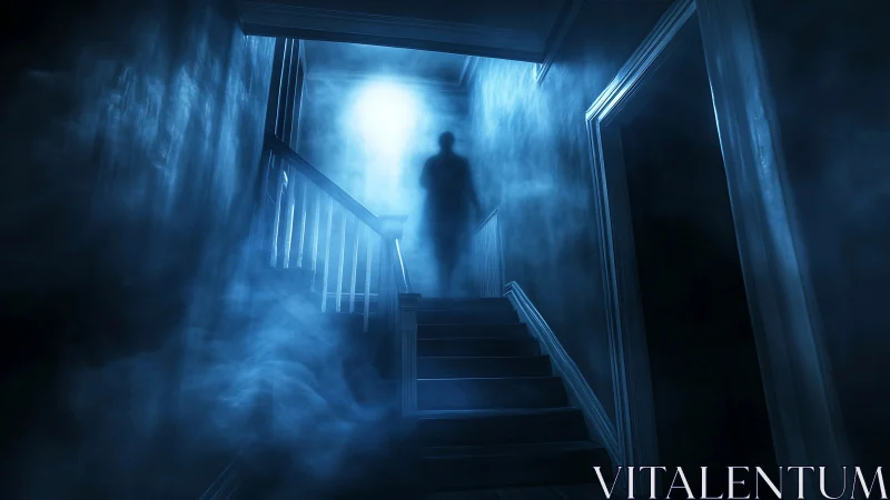 Spectral silhouette ascending mist-filled staircase in blue light