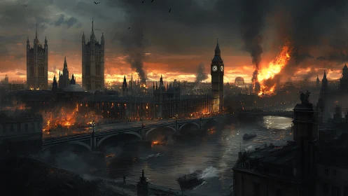 Burning London skyline with Big Ben and dark river smoke.