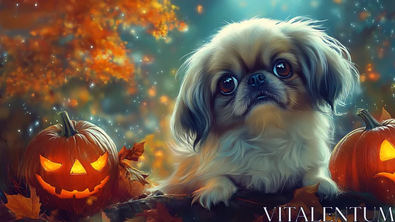 Soft-eyed puppy amid glowing Halloween pumpkins at dusk.
