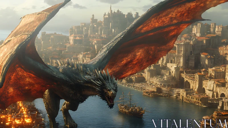 Armored fire dragon soaring above fortified medieval harbor
