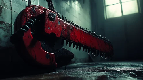 Cinematic close-up of bloodstained industrial chainsaw blade.
