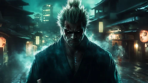 Brooding white‑haired warrior stalks a neon samurai alley.