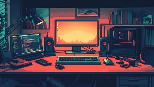 Code and sunset glow quietly duel across the neon desktop