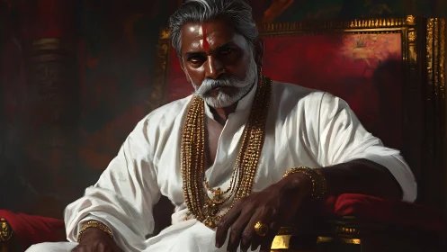Regal elder in white robes on ornate crimson throne.