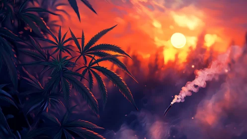 Sunlit cannabis leaves glow against dreamy smoky sunset sky.