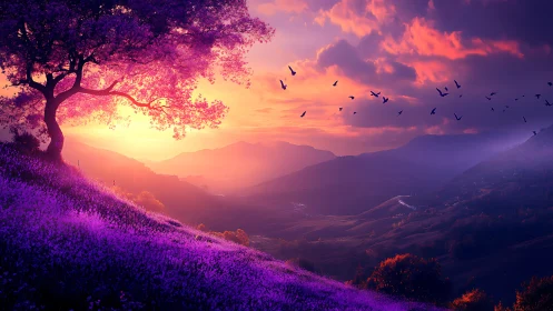 Vibrant purple hillside landscape under dramatic sunset sky.