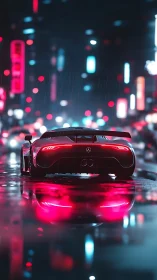 Futuristic sports car on wet neon city street at night.