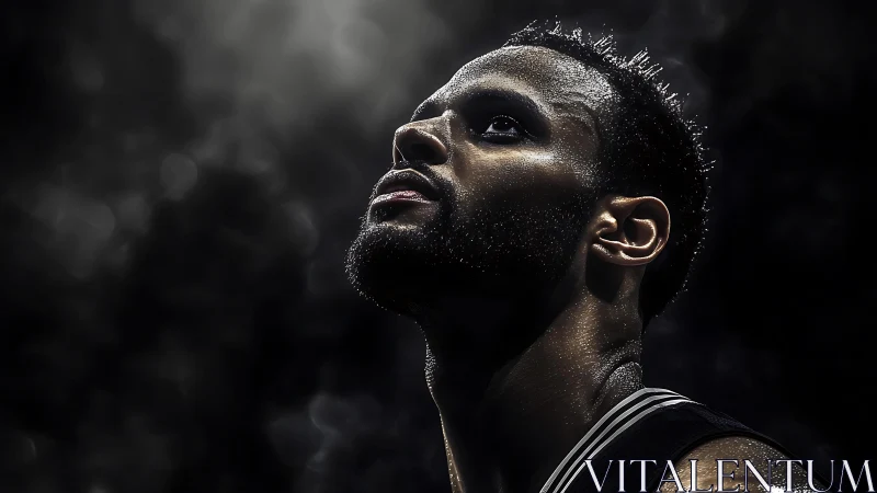 Focused basketball player under dramatic arena lighting.