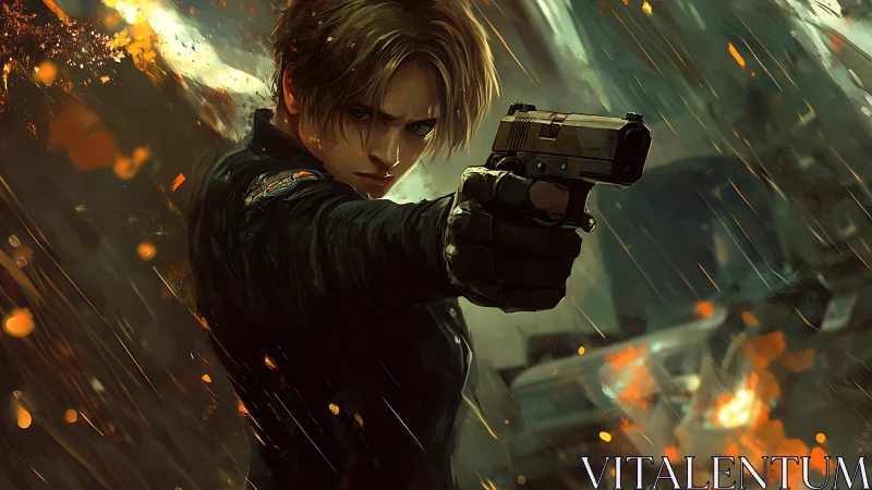 Dynamic digital painting of tactical agent amid urban firefight.