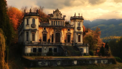 Autumn-wreathed baroque mansion dreaming under ember skies.