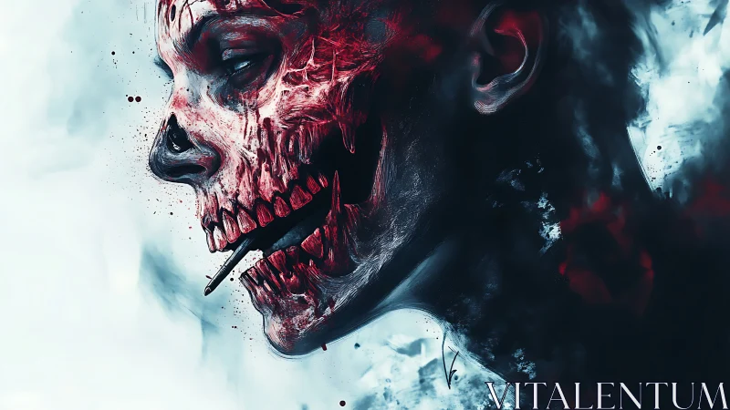 Haunting crimson skull portrait wrapped in ghostly mist.