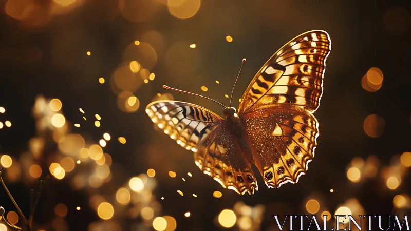 Golden butterfly drifting through soft evening sparkles.