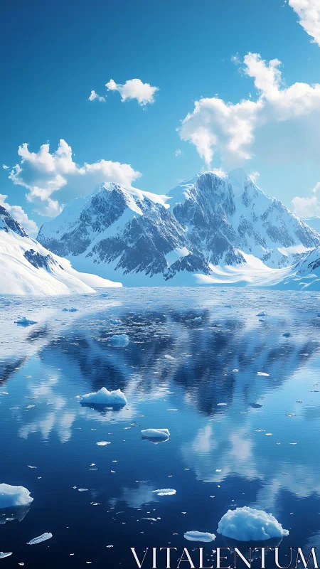 Polar mirror mountains under a wide waking blue sky.