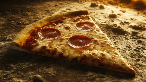 Cinematic close-up of pepperoni pizza slice under warm light