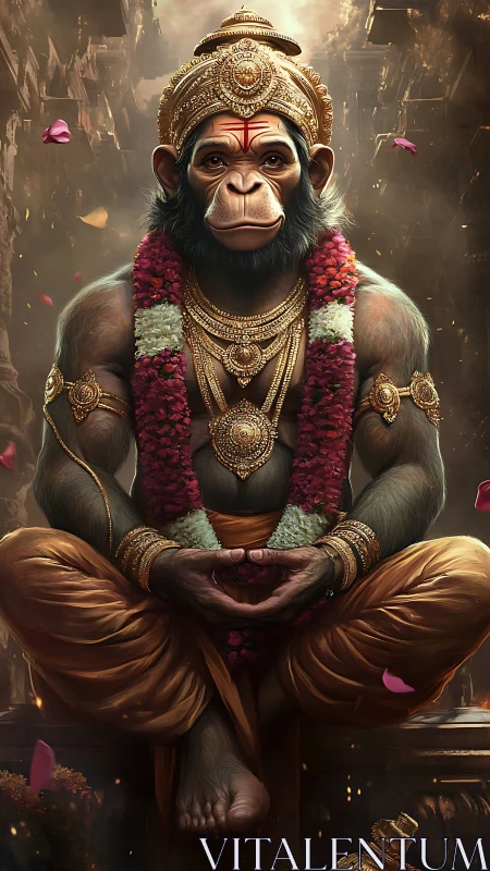Serene Hanuman-inspired monkey deity meditates in golden light