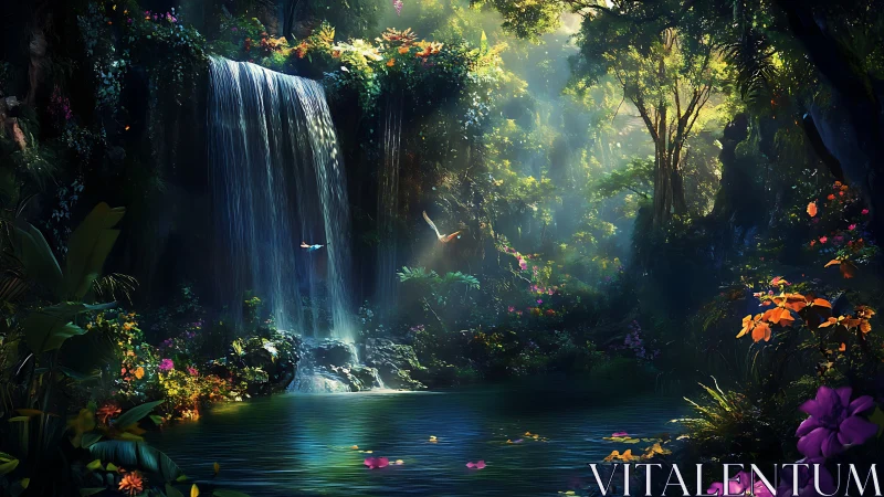 Spectral rainforest cascade with chromatic flora and avian motion.