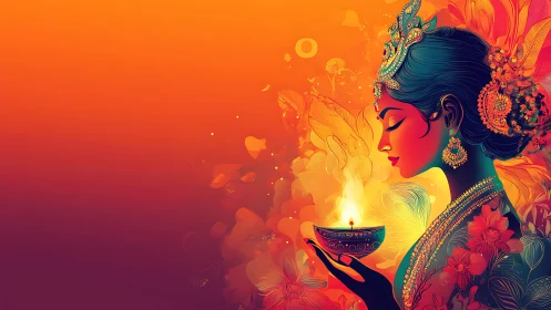 Divine profile with glowing diya in vivid festival palette.