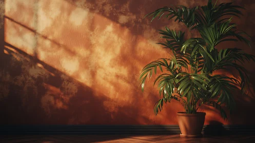 Sun-drenched potted palm basking against a burnt sienna wall.