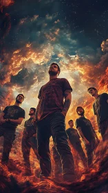 Surrounded selves under fiery storm-torn heavens.