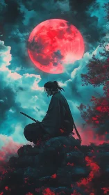 Silent samurai beneath a glowing crimson moonlit sky.