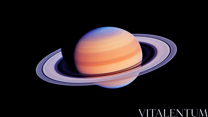 Ringed gas giant with multicolored bands against black space.