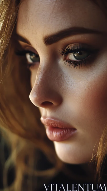 Soft-lit close-up portrait with expressive green eyes.