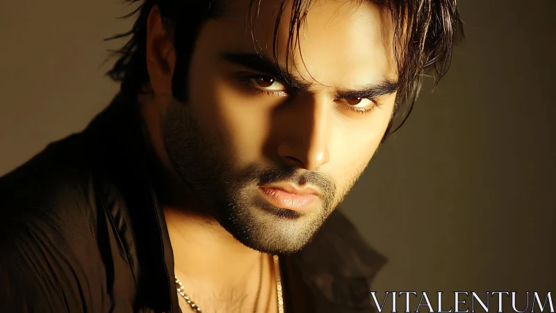 Smoldering gaze carved in molten gold and deep shadow drama.