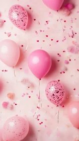 Pink Balloons with Heart Confetti Celebration Scene.