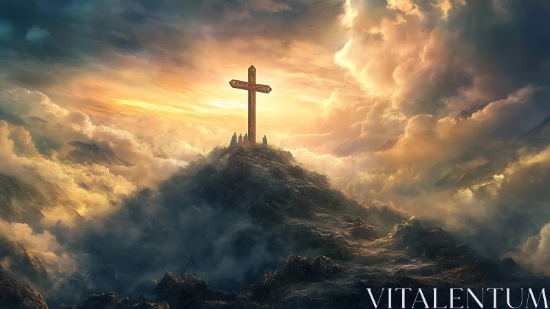 Cross structure stands on rocky summit amid dense cloud field