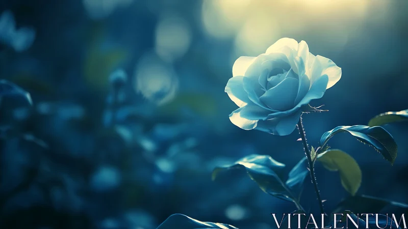 White rose bloom backlit against diffused blue foliage.