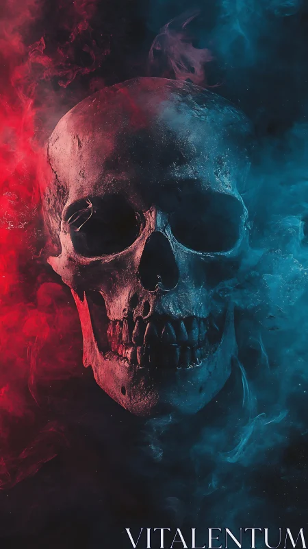 Skull drifts between crimson heat and electric blue void