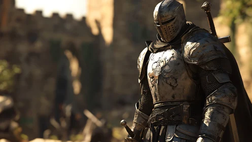 Armored knight stands vigilant before weathered stone walls.