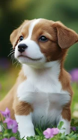 Photorealistic puppy portrait in shallow-depth floral setting.