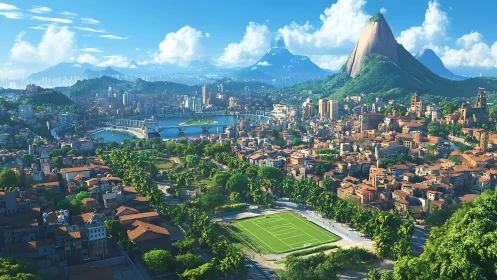 Panoramic tropical cityscape renders sunlit mountains and bay