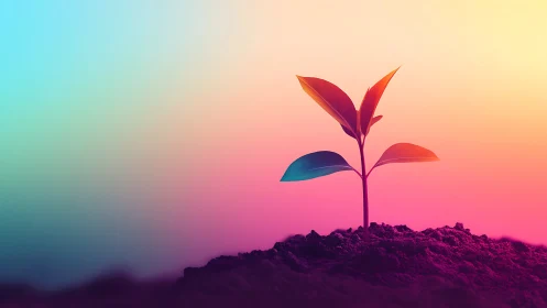 Young plant sprout in soil with vibrant, colorful gradient background.