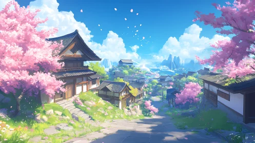 Sunlit sakura village street extends toward distant blue peaks