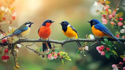Colorful Songbirds on a Blossoming Branch in Vibrant Spring Style.