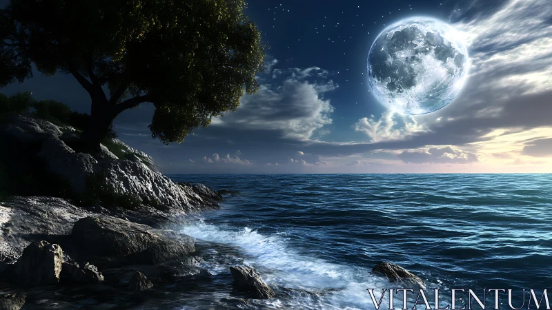 Luminous oversized moon over wave-lashed rocky coastline at dusk