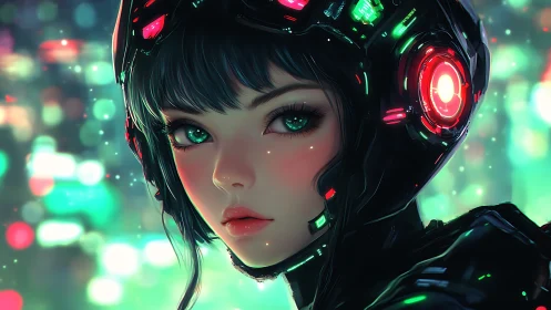 Cyberpunk girl in glowing helmet and neon bokeh cityscape.