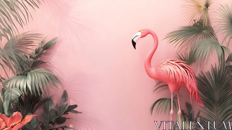 Pink flamingo among tropical foliage on pastel background.