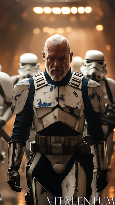 Battle-worn commander strides through stormtrooper glare.