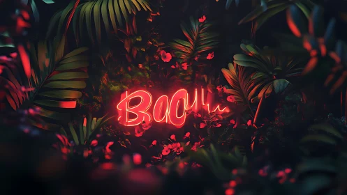 Neon script signage illuminates dense tropical foliage with cinematic bokeh