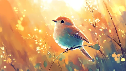 Small bird perched on branch with warm golden atmosphere rendered digitally.