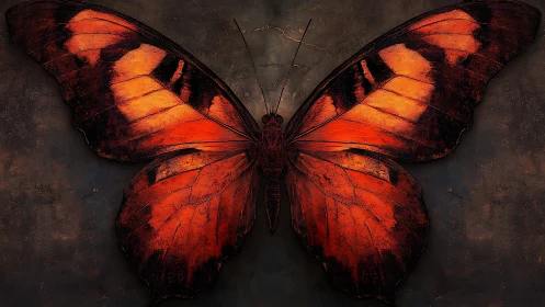 Red-orange butterfly with dark textured wings on stone background.