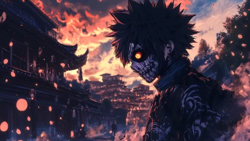 Masked character stands before burning multi-tiered buildings