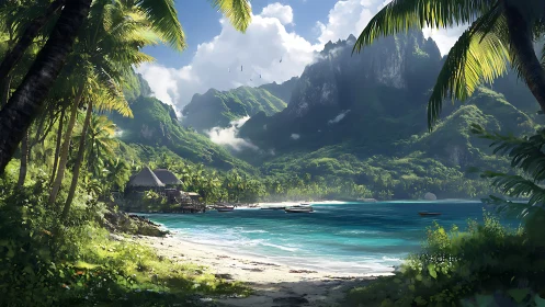 Tropical Lagoon Settlement Framed by Palms. Lush Island Escape.