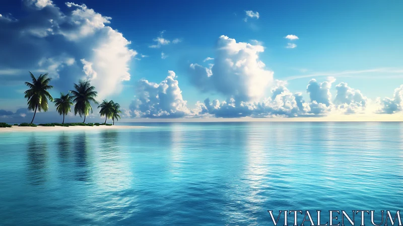 Calm tropical seascape with specular water reflections and clouds