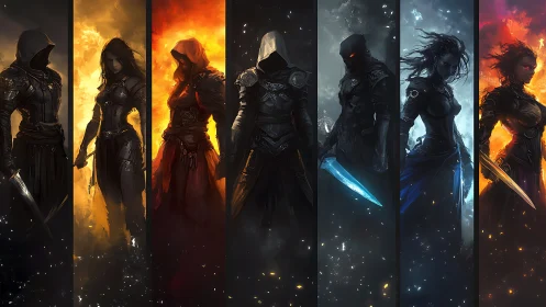 Shadowy elemental assassins stand in blazing and icy rifts